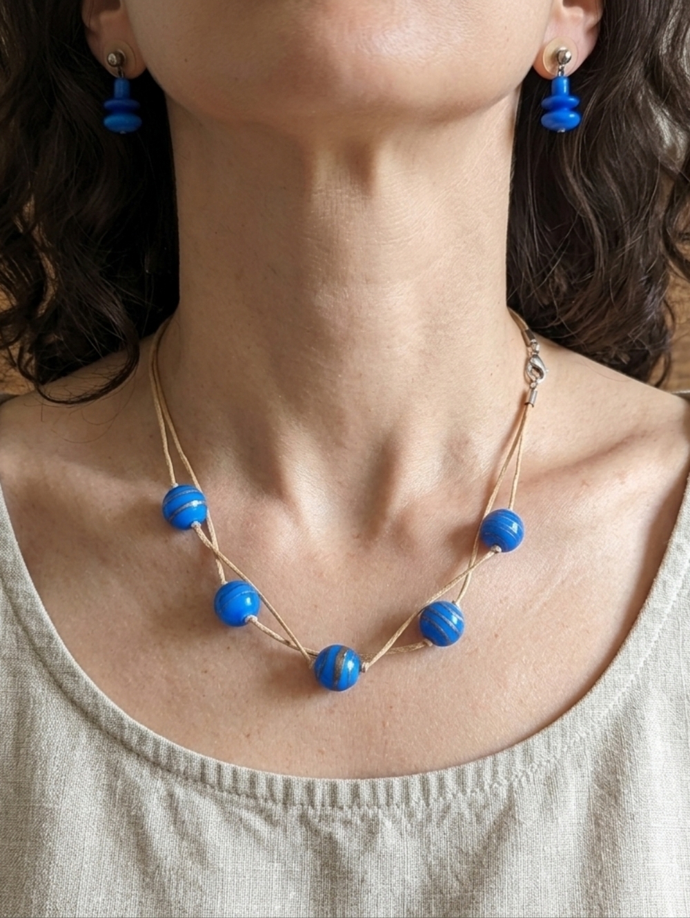 Boho Leather & Blue Resin Bead Jewelry Set | Artisan Necklace + Earring